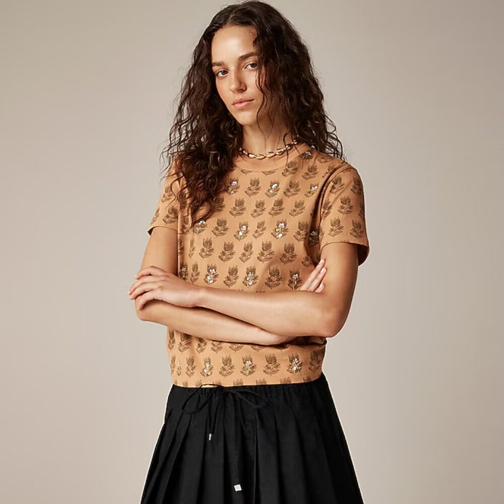 J. Crew Tan Short Sleeve Tee with Leaf Print